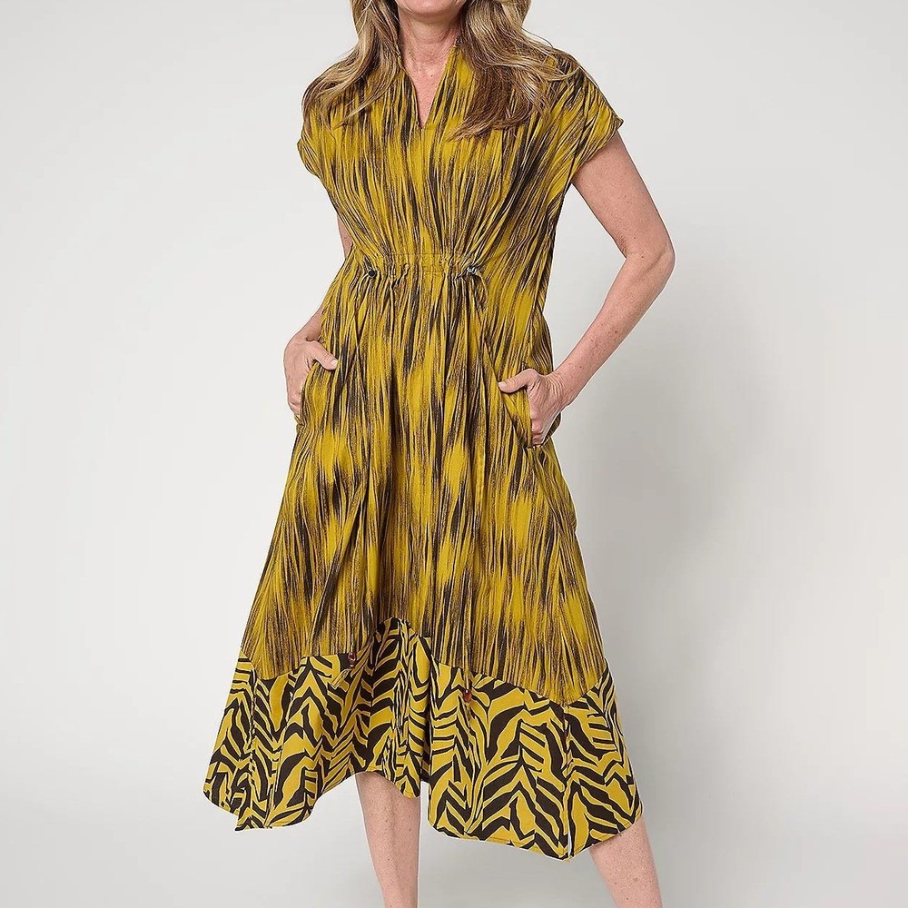 Carla Rockmore Collection Cinched Waist Shirtdress‎ Midi Golden Palm Size Medium